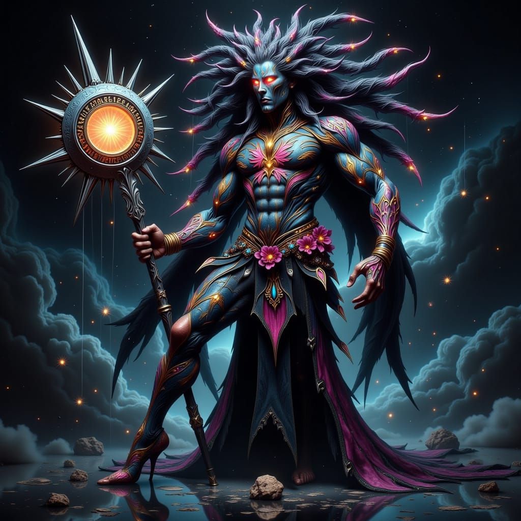 Surreal Dark Goddess in Intricate Fabric Attire with Glowing...