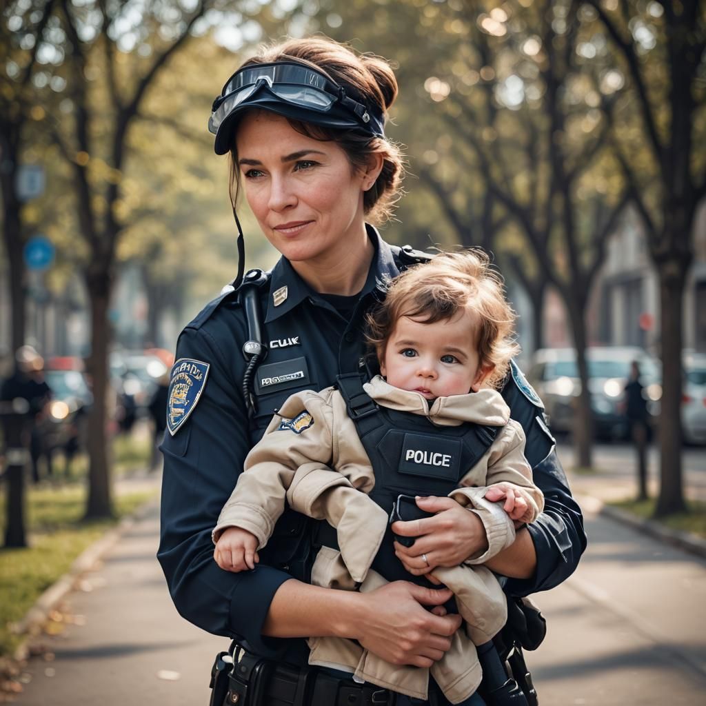 Policewoman Holding Child: Professional Photography