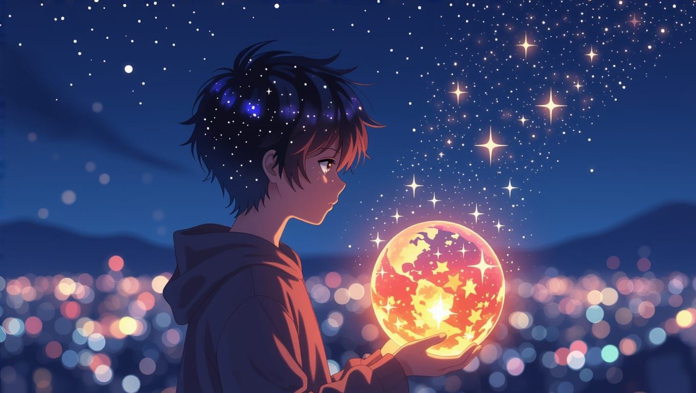Young Adventurer Holds Celestial Orb Over the Cityscape