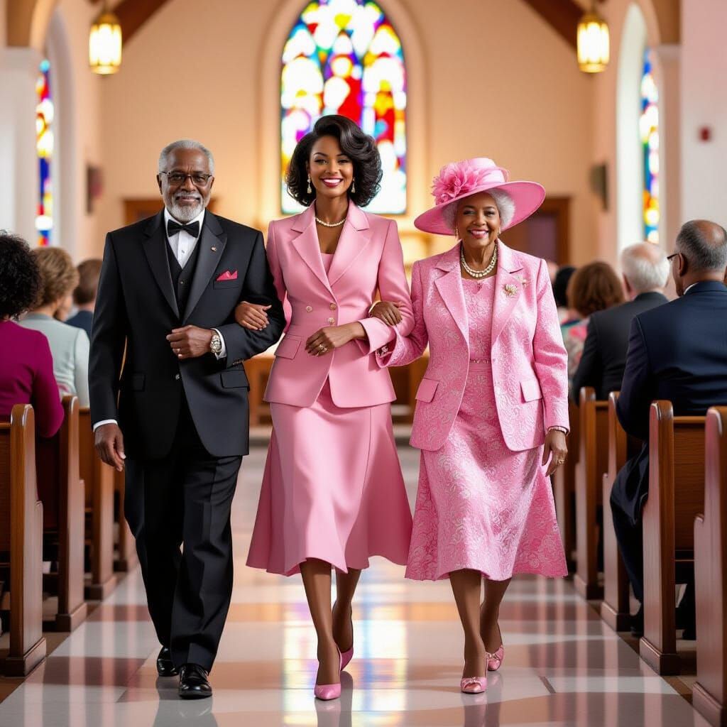 Elegant Woman Assists Elderly Couple to Church Pew in Oil Pa...