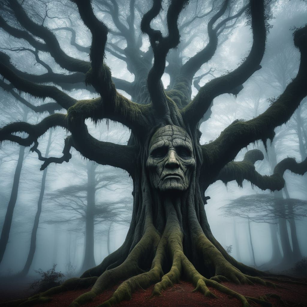 Mystical Tree with Carved Face in Dark Fantasy Style