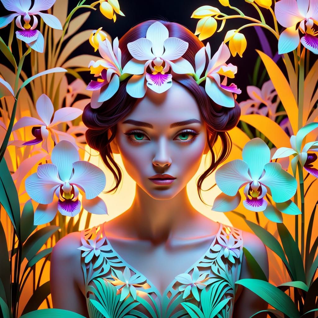 Kirigami Garden with Neon Lights and Reflecting Irises