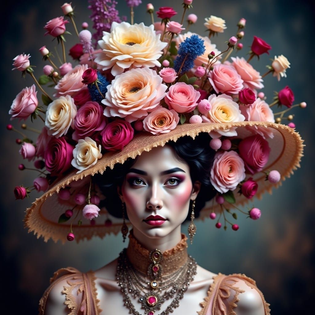 Avant-Garde Hat with Flowers and Hearts