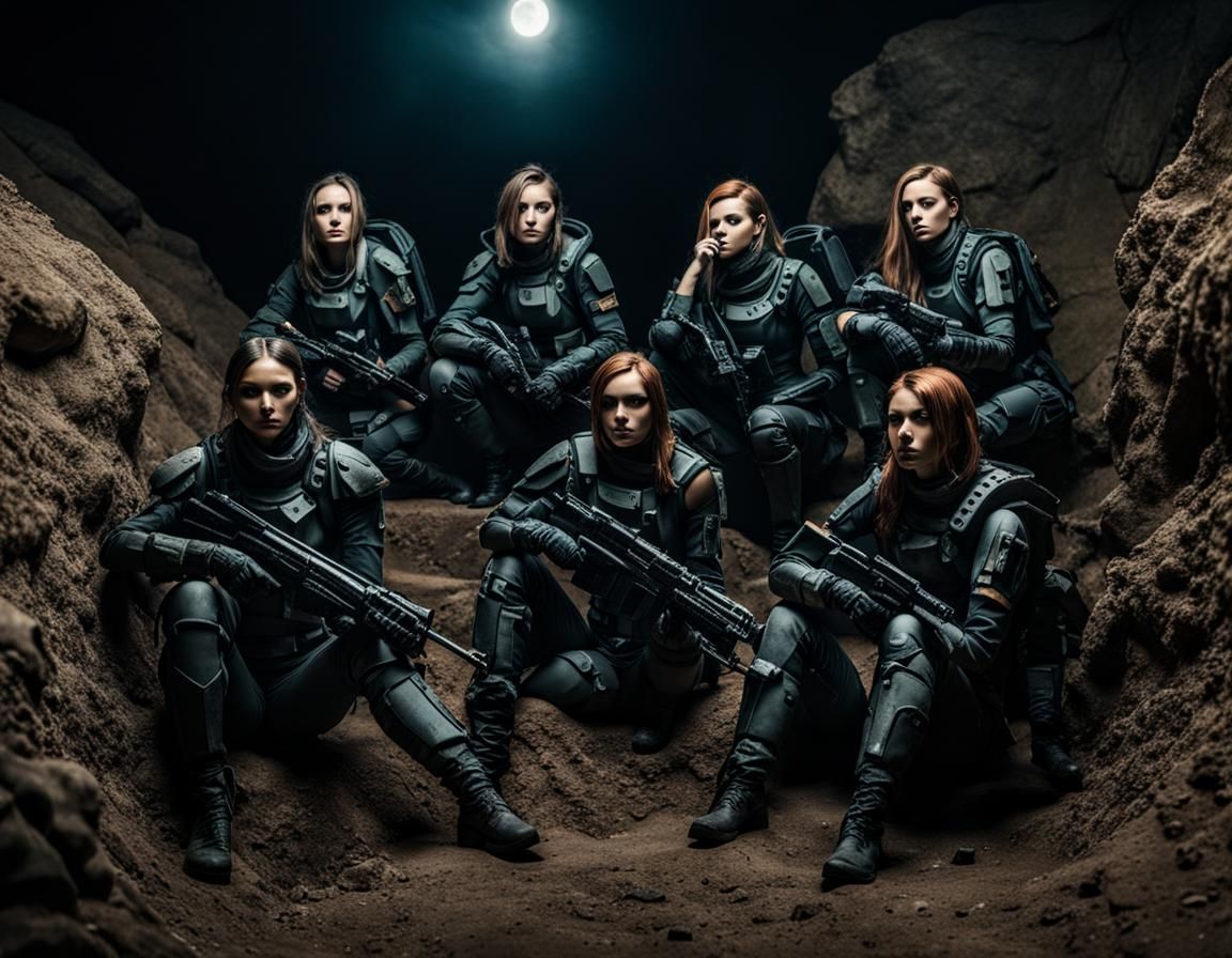 Female Cyborg Soldiers in Trench at Night