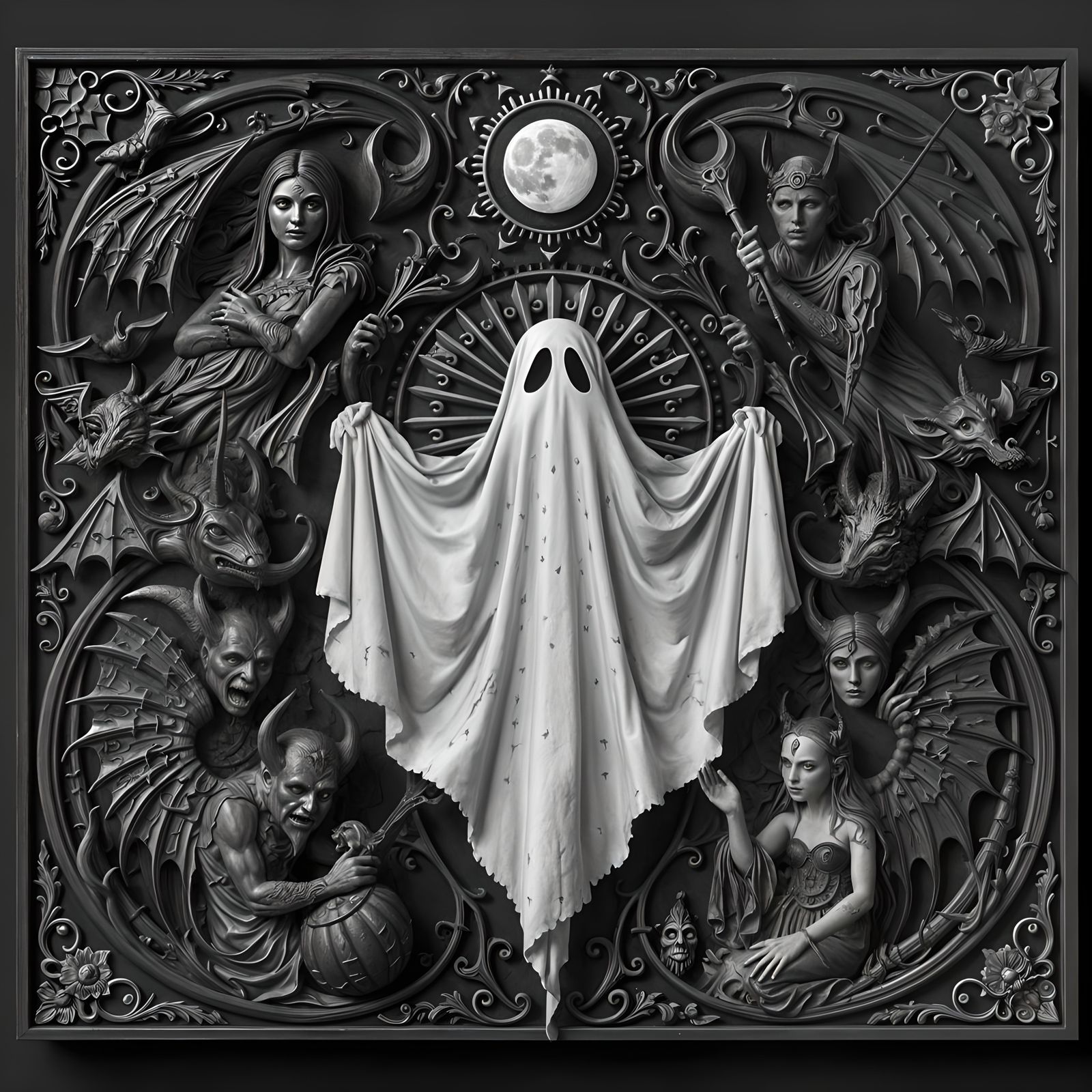 Mystical Bas-Relief Sculpture of a Ghostly Scene