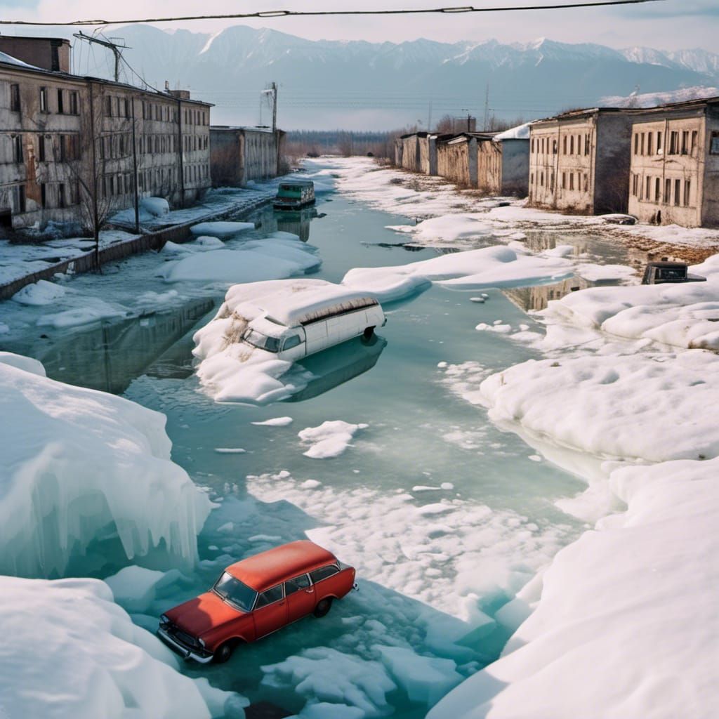 Frozen Soviet Cars in Abandoned Town: Expressive Style