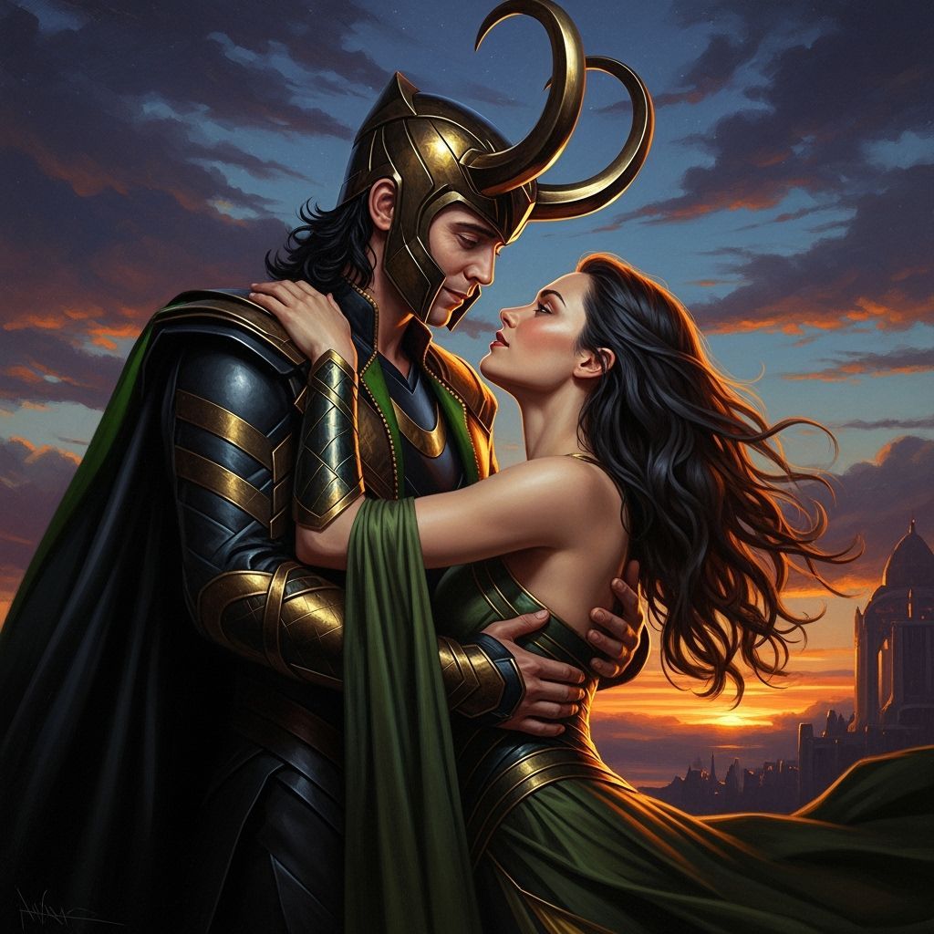Loki Embraces Woman at Twilight in Detailed Oil Painting