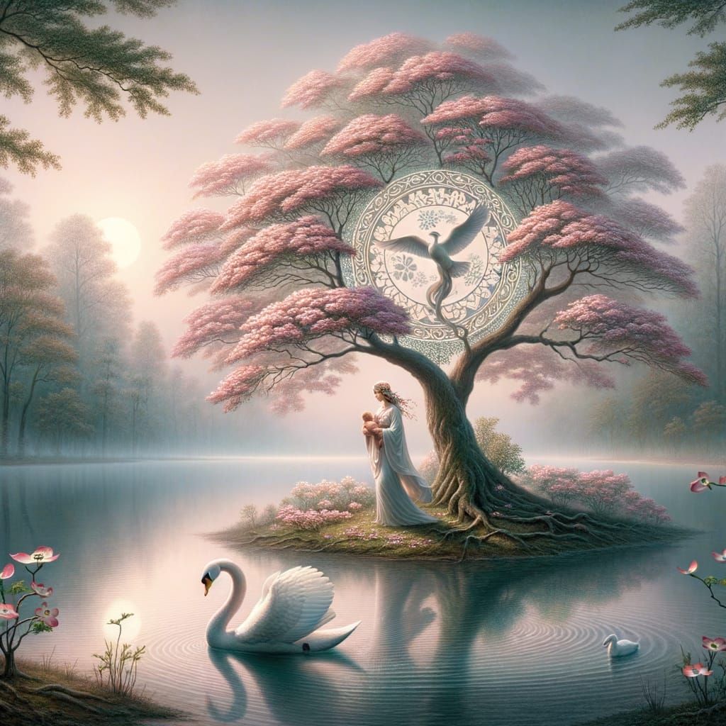 Woman and Child on Misty Lake with Dogwood Blossoms