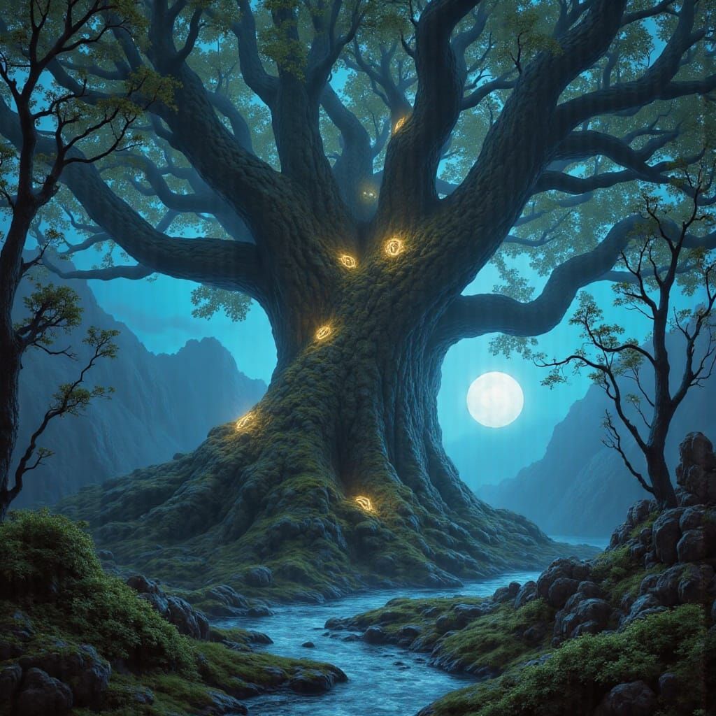 Ancient Mystical Tree in Ethereal Moonlight Forest
