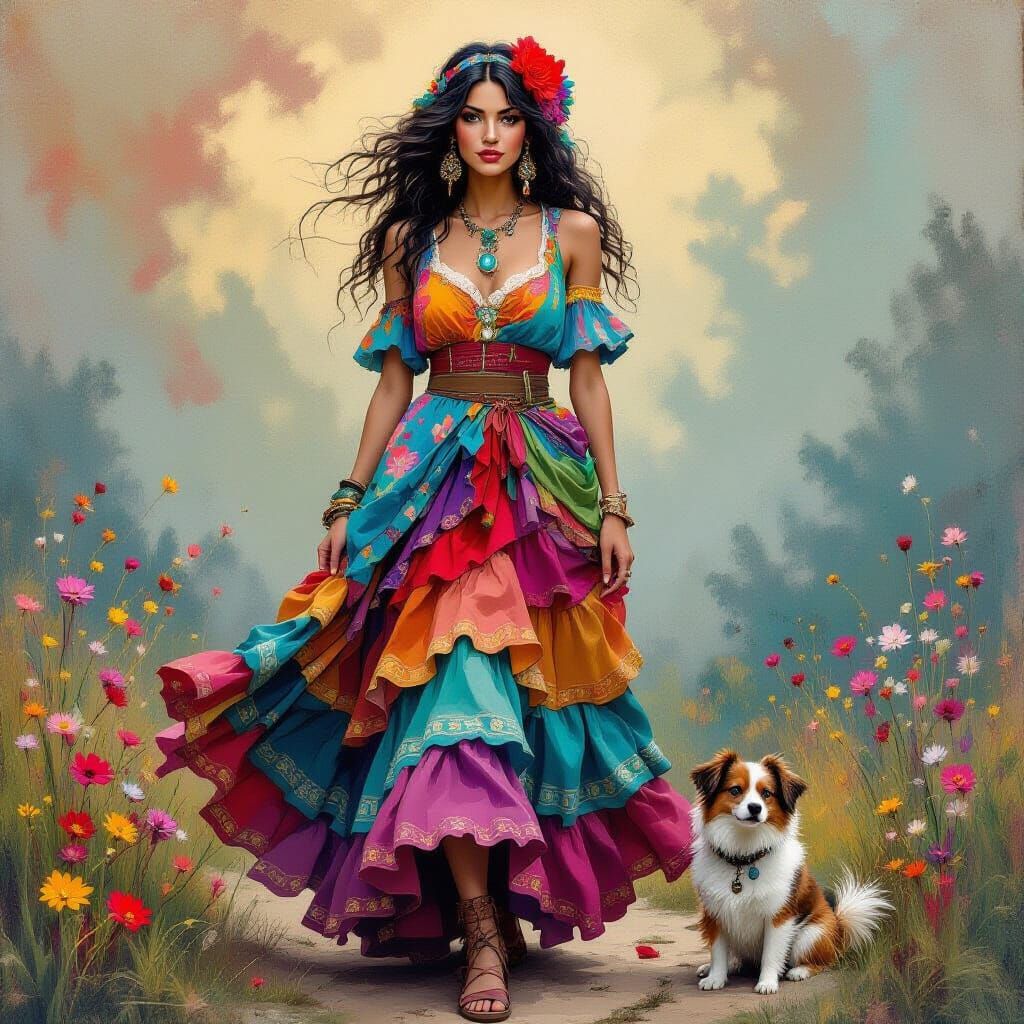 Colorful Gypsy Woman with Dog in Eclectic Style