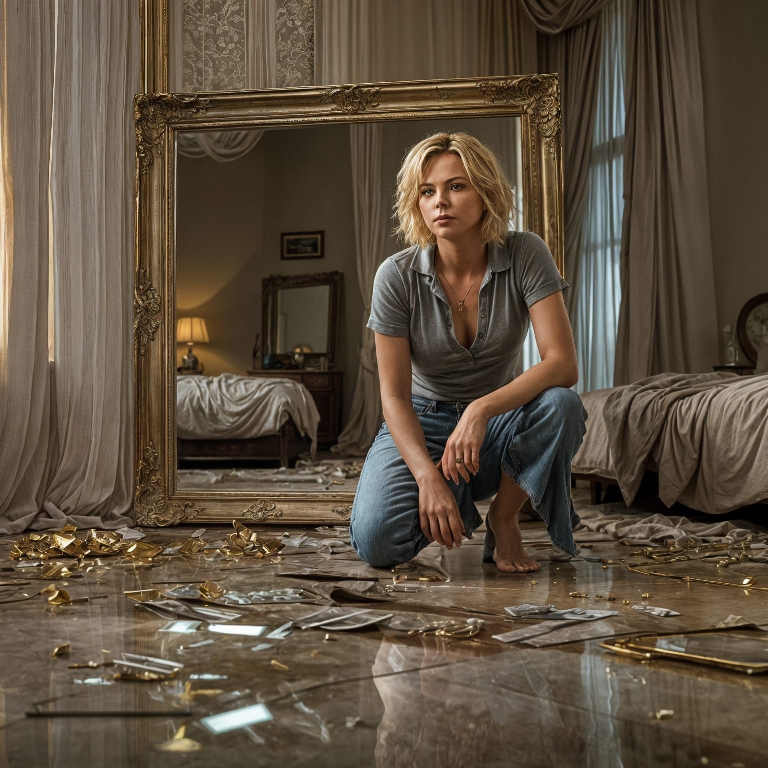 Sorrow in Reflection: Hyperrealistic Bedroom Portrait