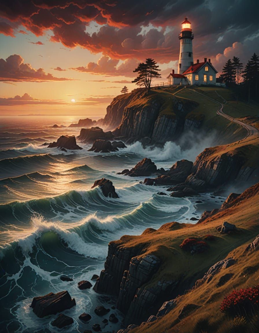 Ocean Sunset: Lighthouse in Watercolour Digital Painting