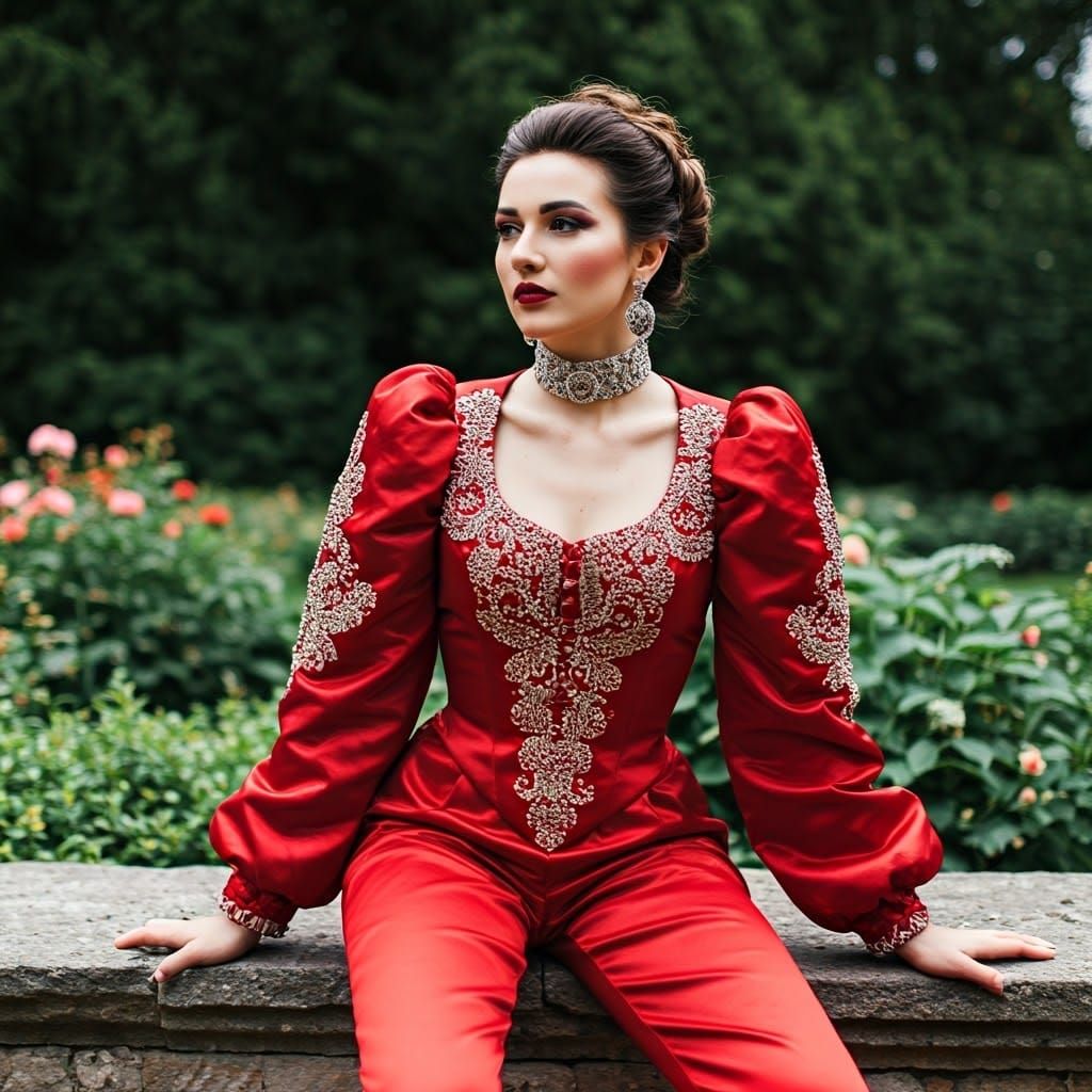 Woman in Red Wintersuit in Castle Garden