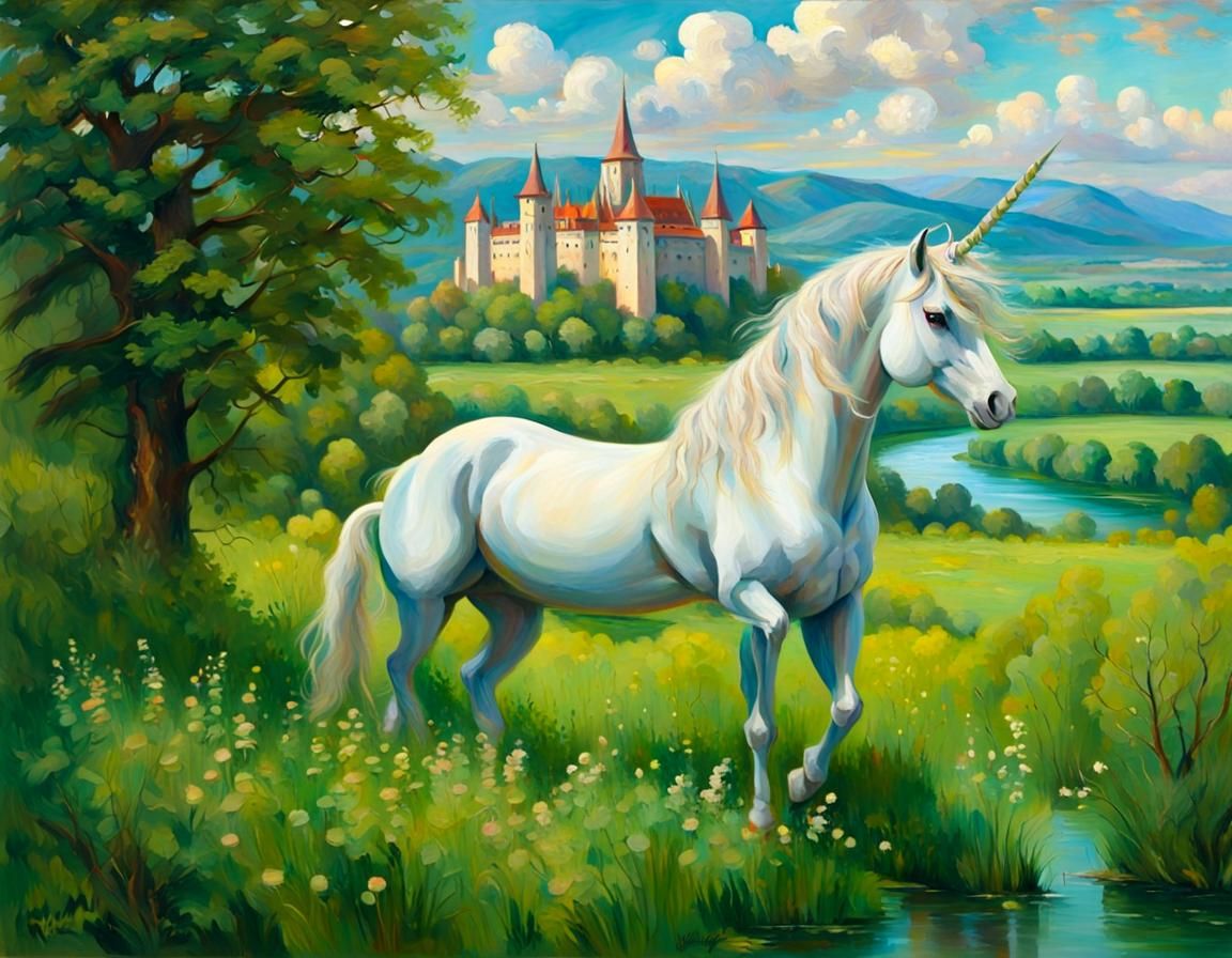 White Unicorn in Lush Meadow, Impressionistic Oil Painting