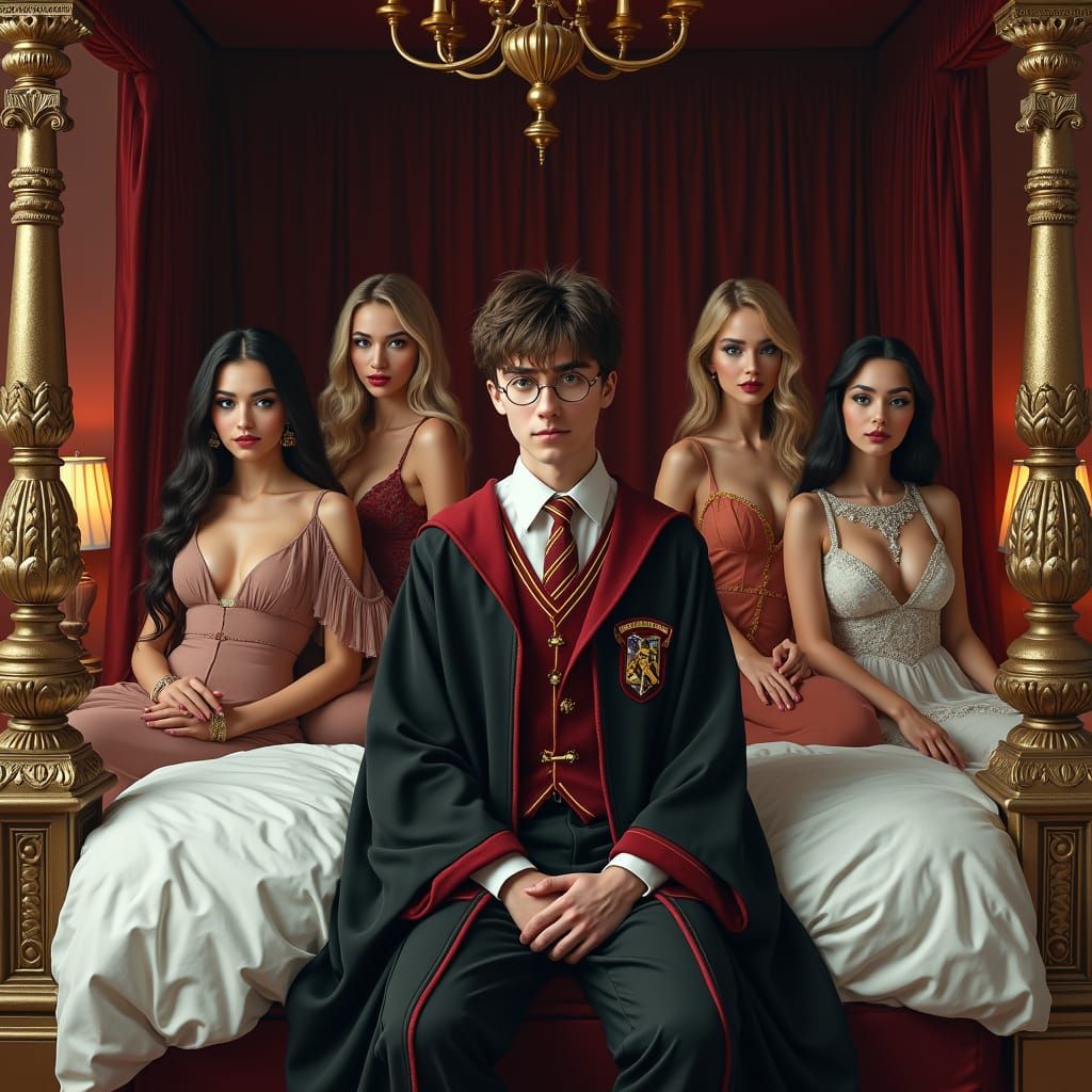 Regal Harry Potter Surrounded by Elegant Women in Luxurious ...