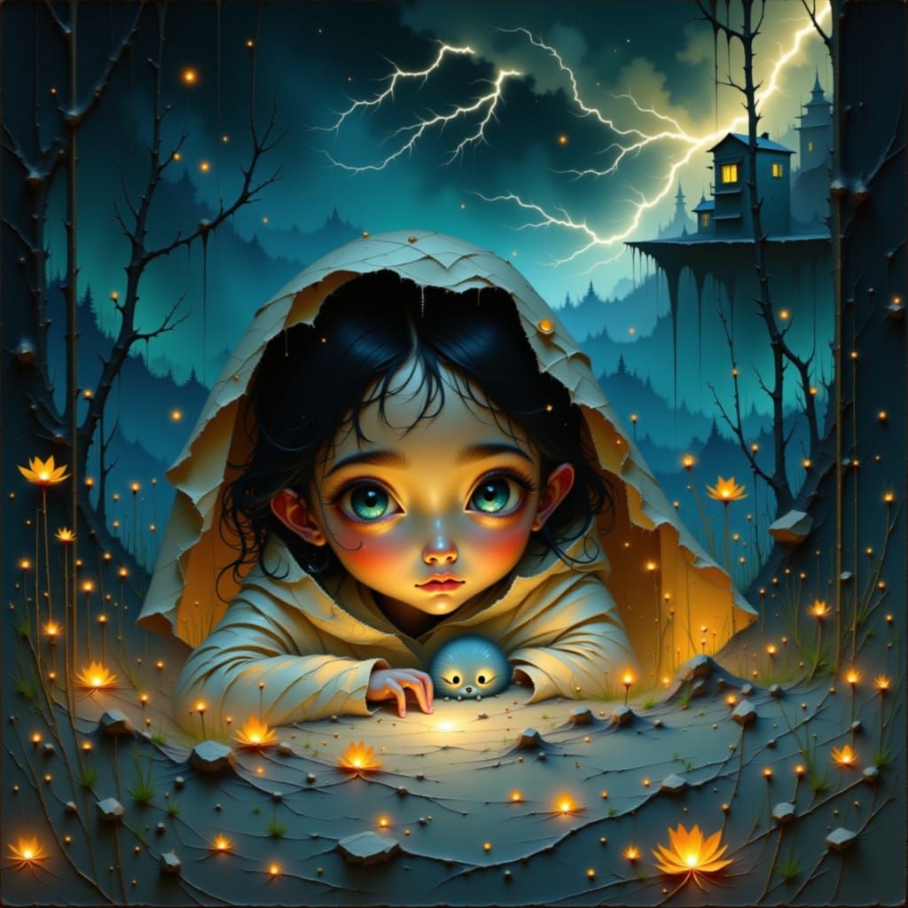 Girl and Kitten Hiding During Thunderstorm, Whimsical Illust...