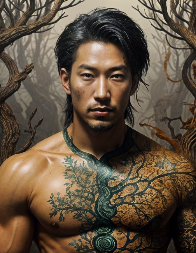 Asian Man Portrait in Carne Griffiths Style