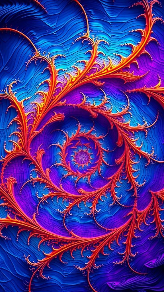 fractal image with a spiral pattern. combination of blue, orange, and purple