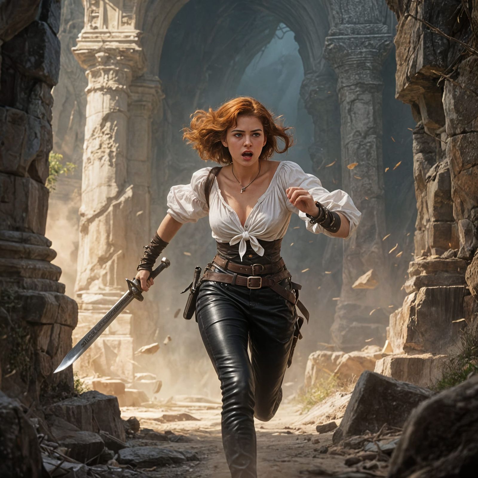 Fearful Adventuress in Crumbling Temple Matte Painting