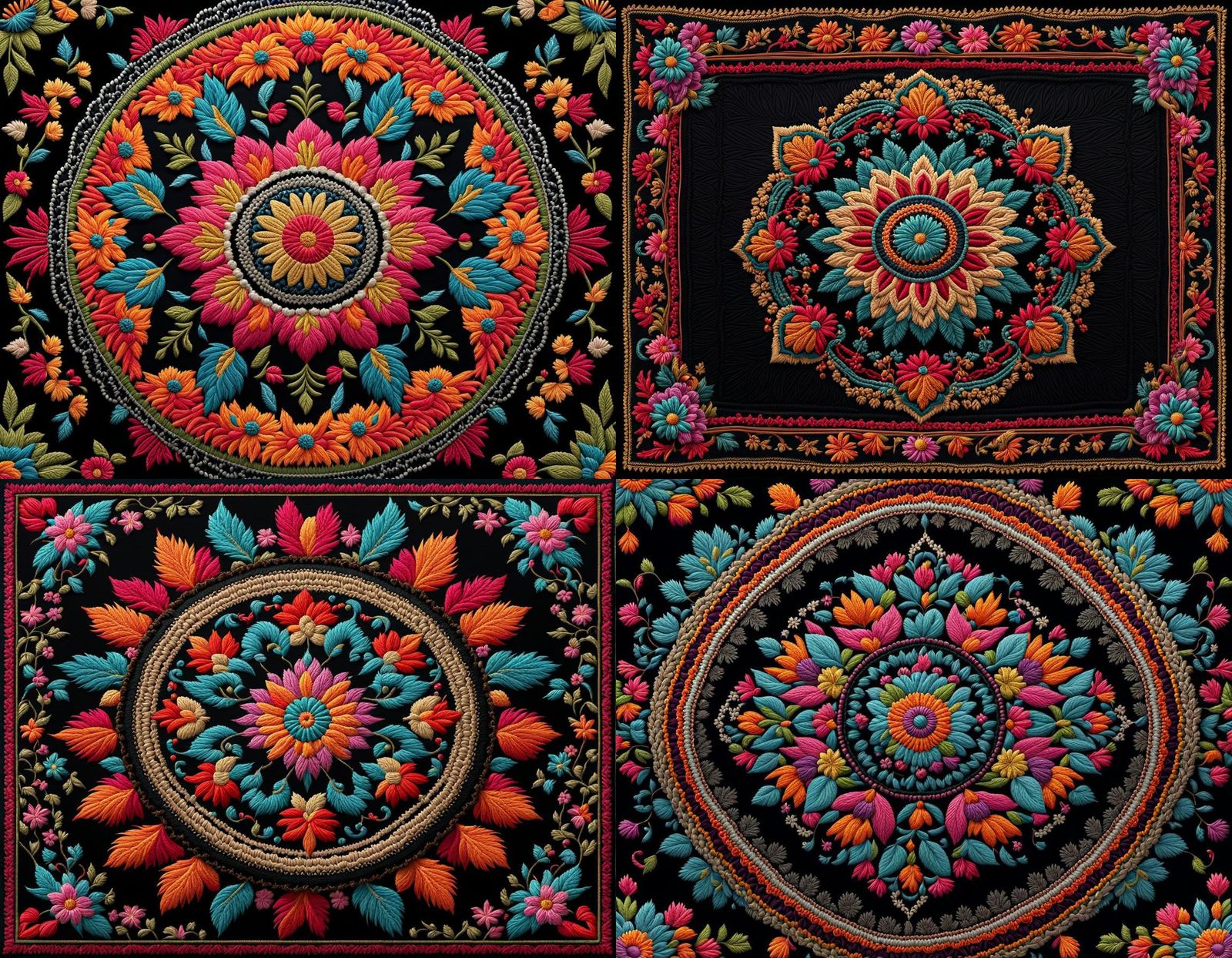Intricate Embroidered Mandala with Floral Designs