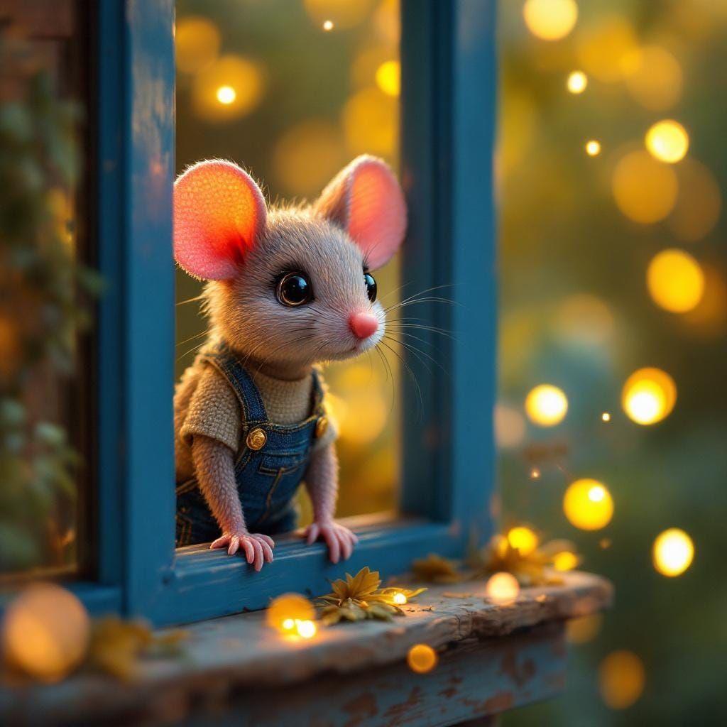 Rainbow Beaded Mouse Peeking From Window