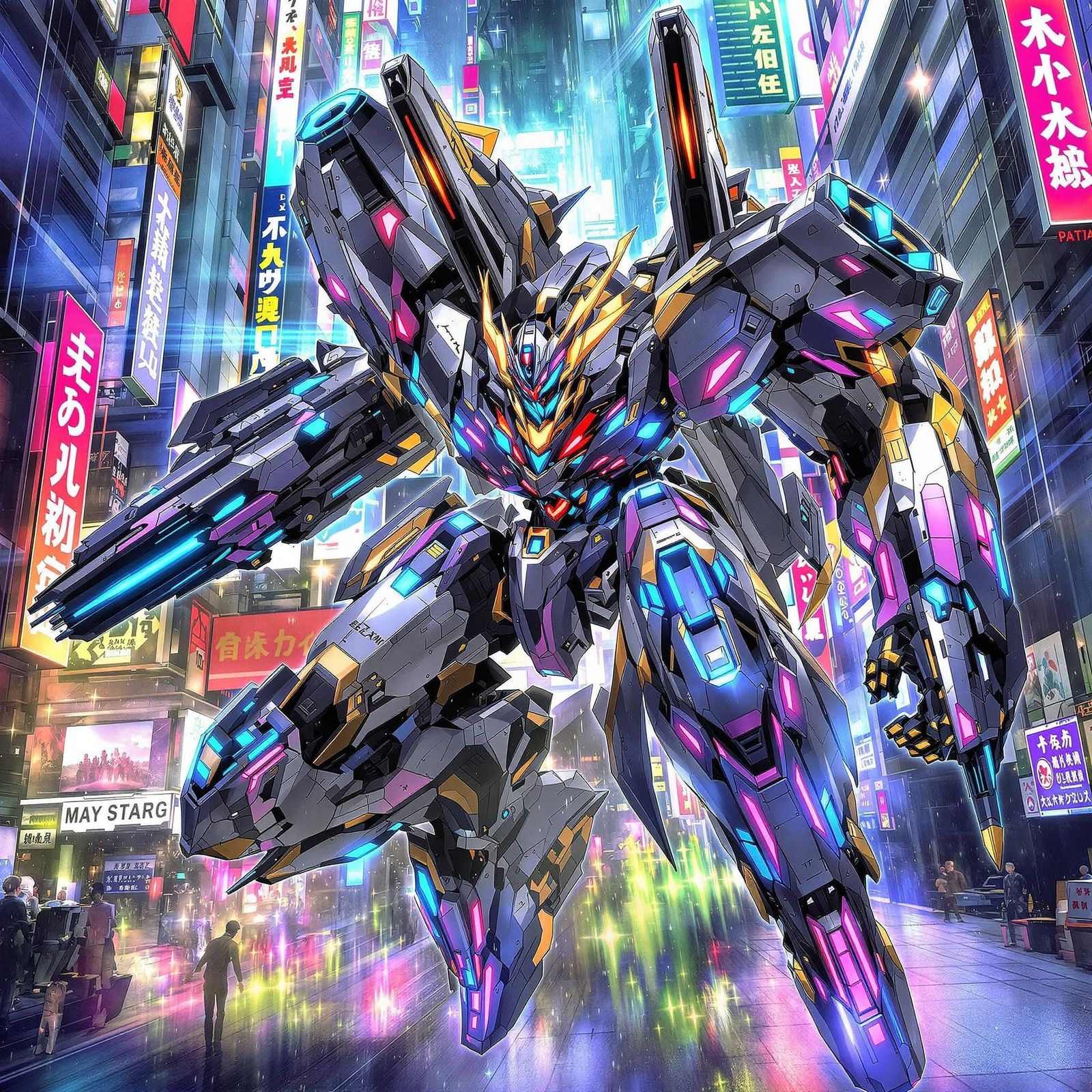 Futuristic Mecha Warrior in Neon Cityscape