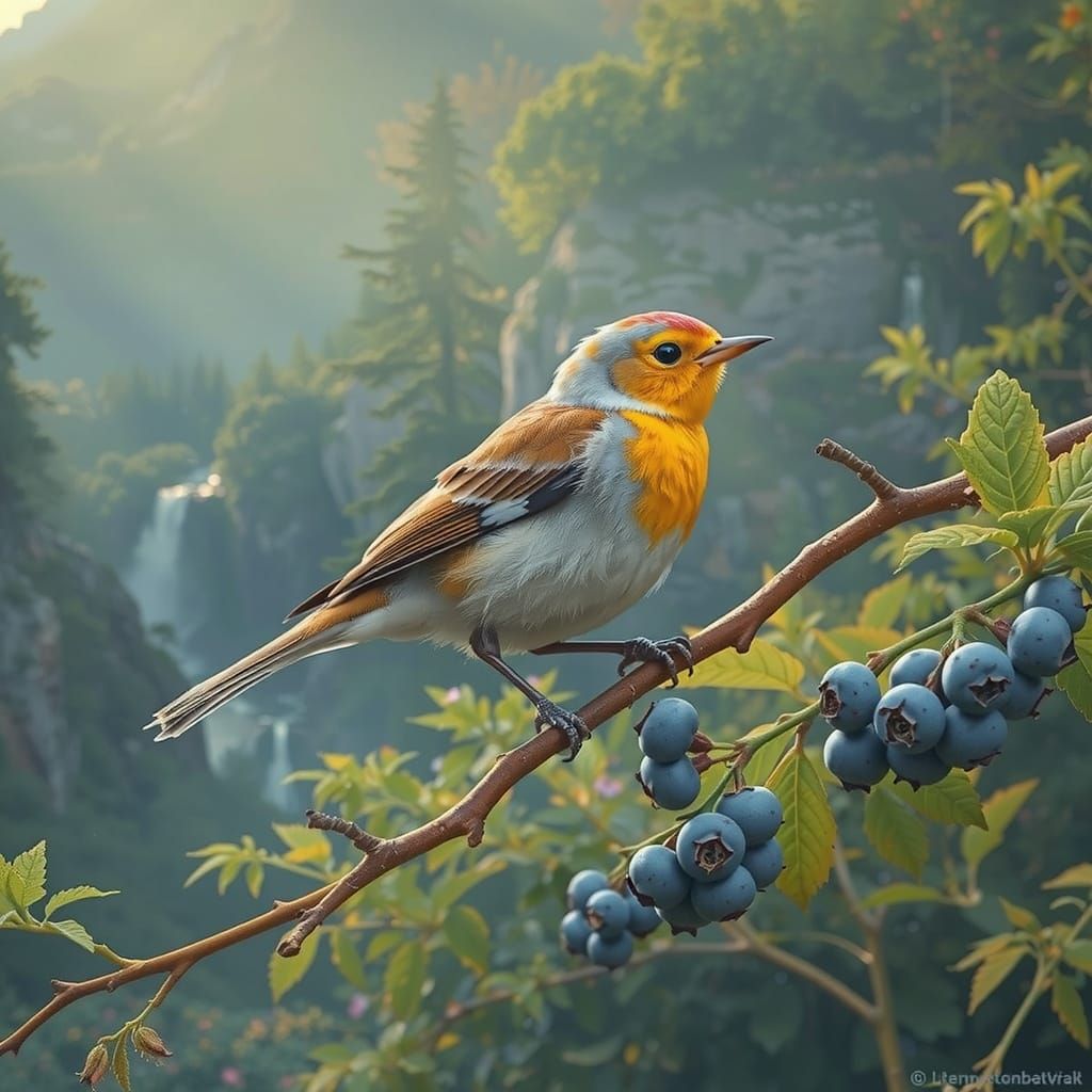 Warbler in Art Nouveau Style Sunset