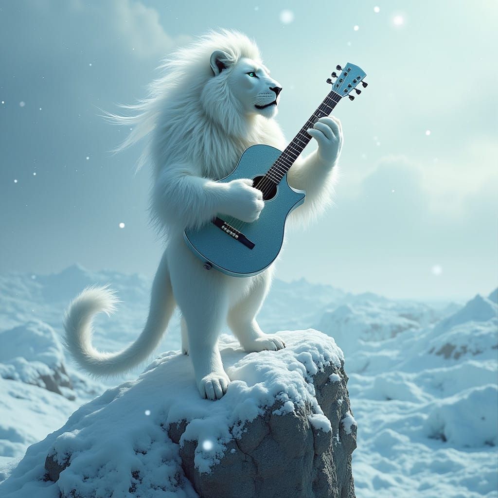Majestic White Lion Performs on Frozen Rock