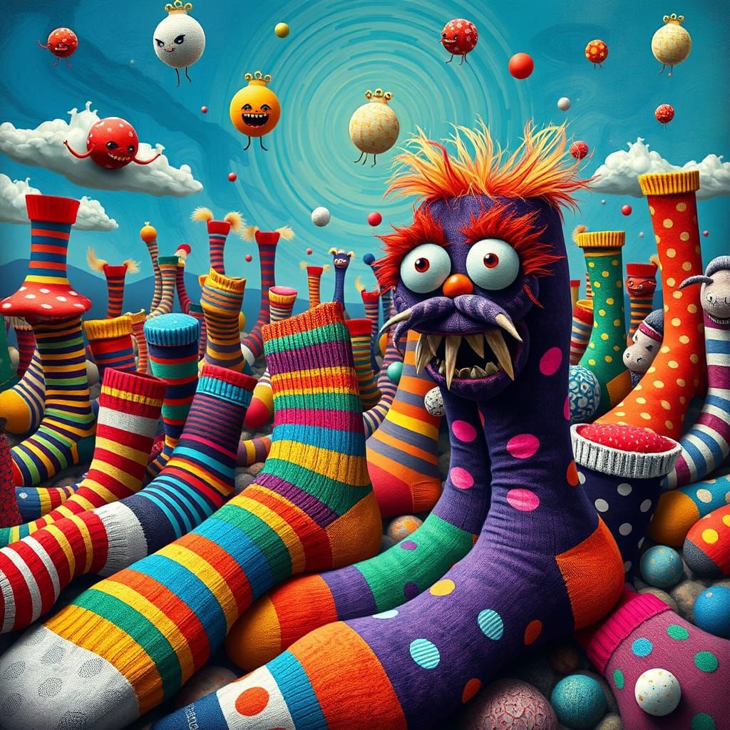 Whimsical Sock World with Playful Creatures in Surreal Style