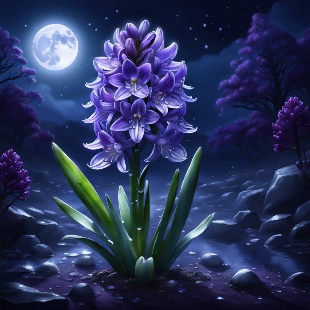 Mystical Purple Hyacinth Under Full Moon