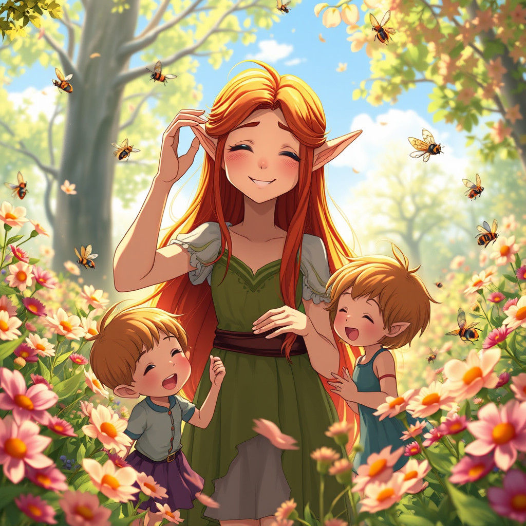 Joyful Spring Elf in Anime Style Flower Garden