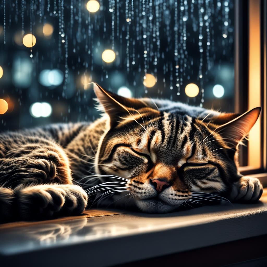 Cat Sleeping by Window in Rainy Night