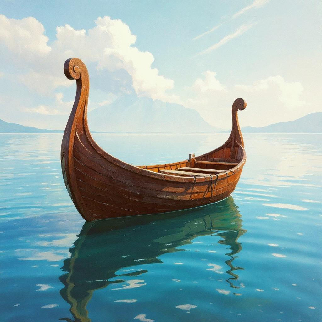 Norwegian Rowing Boat in Fjord, Impressionist Watercolor