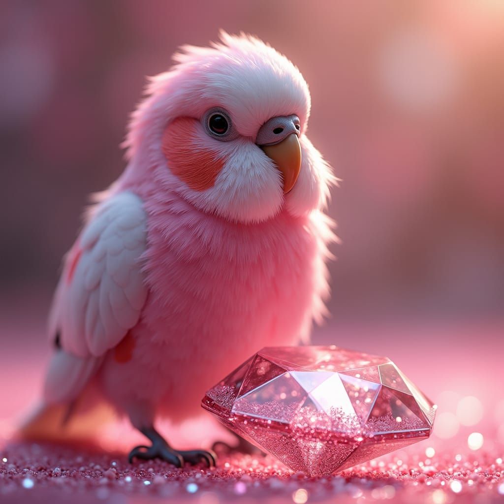 Pink Budgerigar on Diamond, Hyperrealistic Splash Art