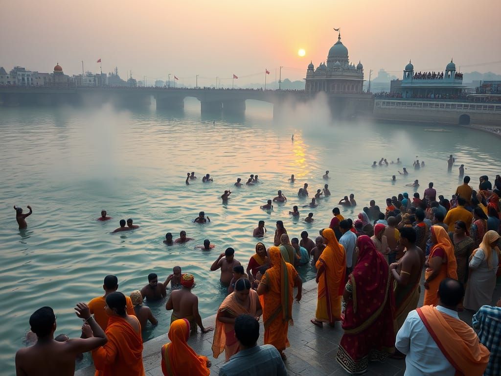 Sacred Confluence of Ganga and Yamuna in Vibrant Colors
