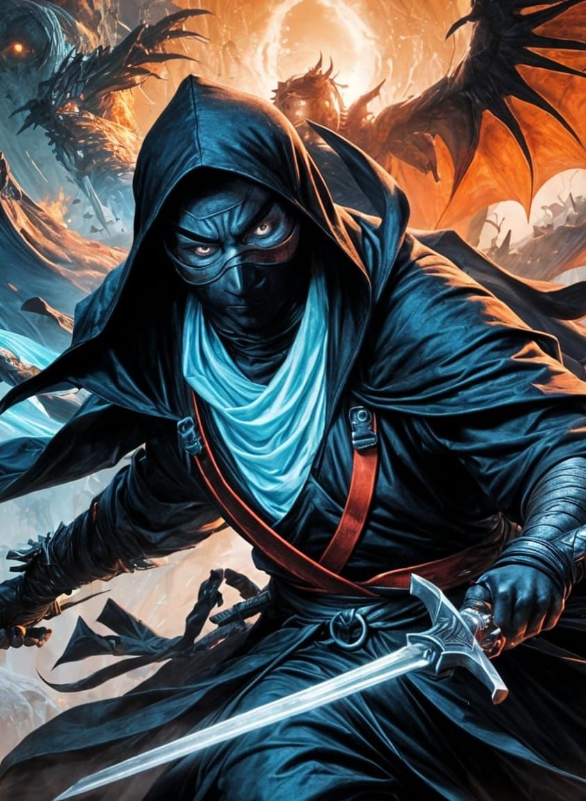 Ninja Battles Demon with Swords in Cavern