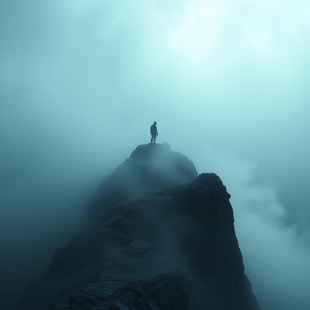 Mystical Figure on Misty Peak in Surreal Digital Art