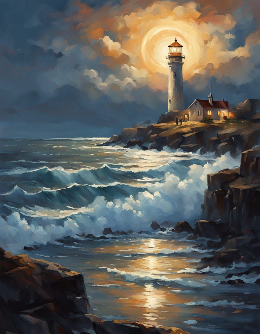 Serenene Nighttime Coastal Scene with Lighthouse and Sailboa...