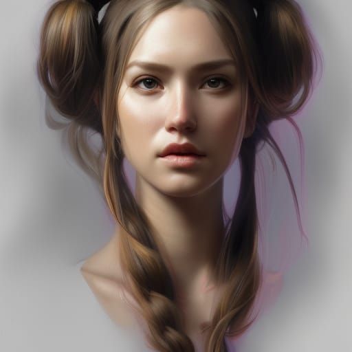 Cute Woman with Pigtails Portrait in Hyperdetailed Style