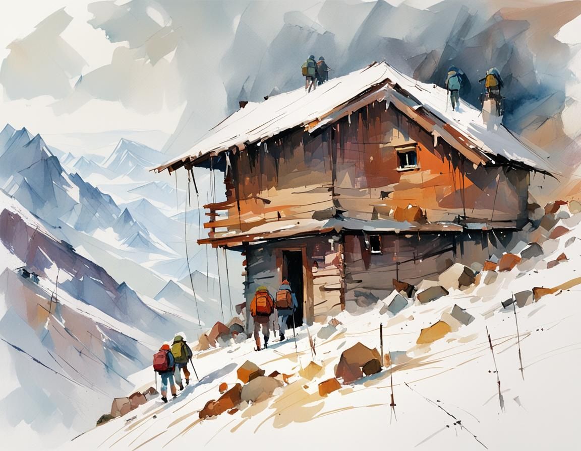 Hikers Sheltering from Snowfall: Abstract Watercolor Style