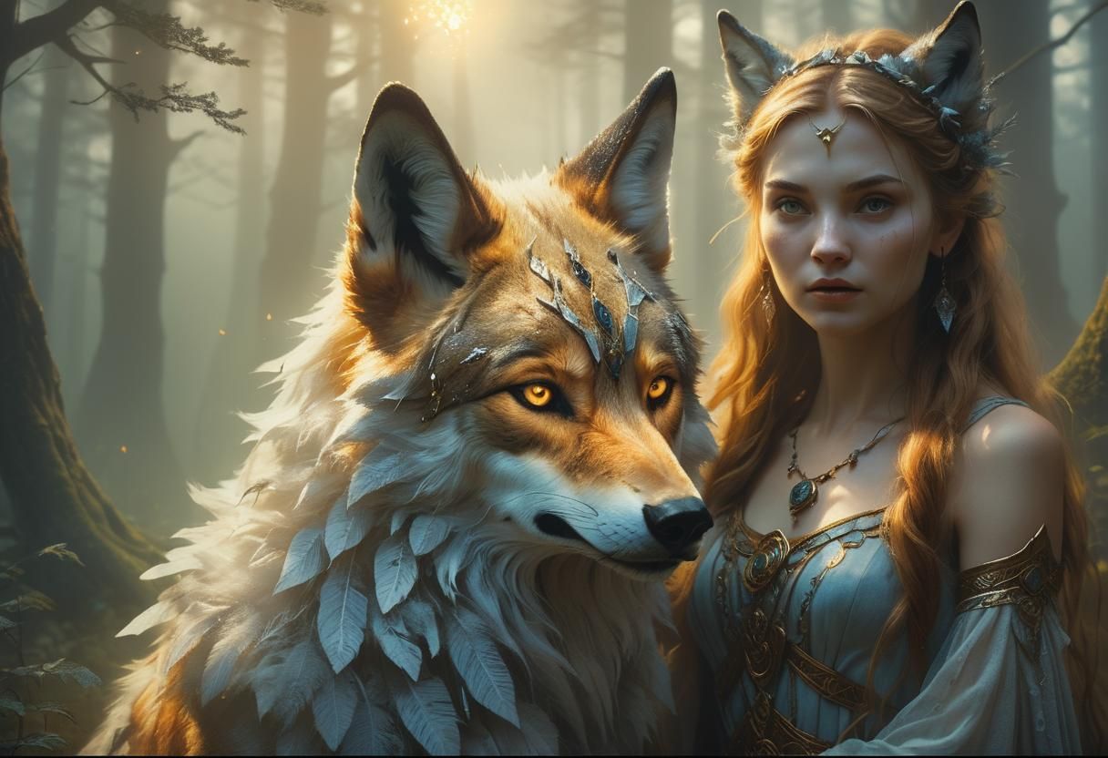 Magical Wolf and Forest Maiden in Dark Fantasy Style