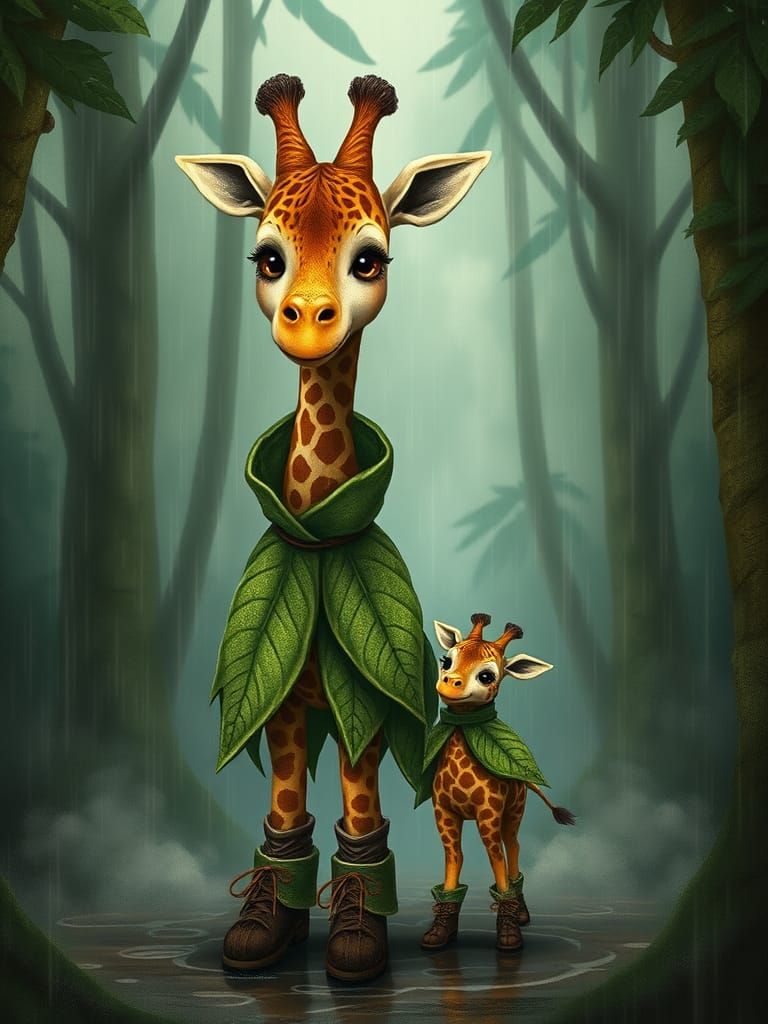 Giraffe Mother and Baby in Rainy Forest