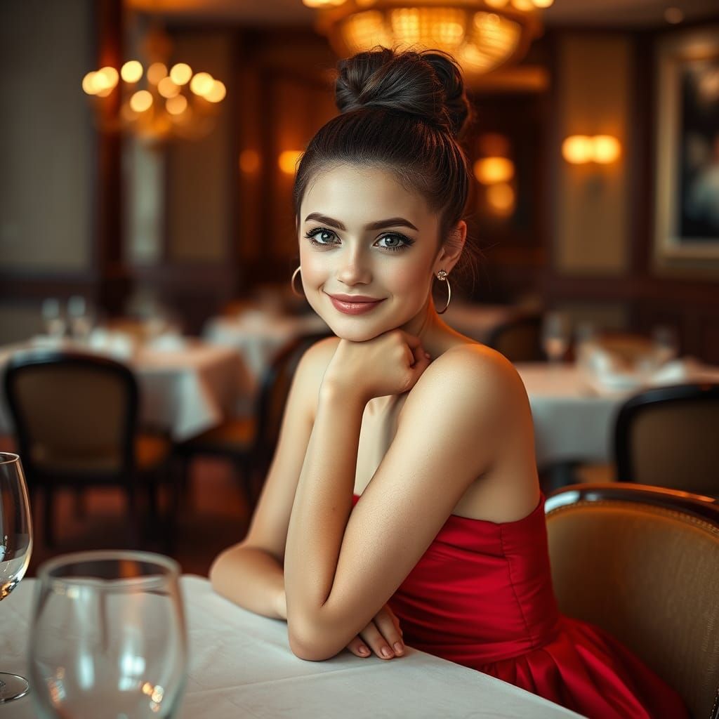 Girl in Red Gown in Luxury Restaurant