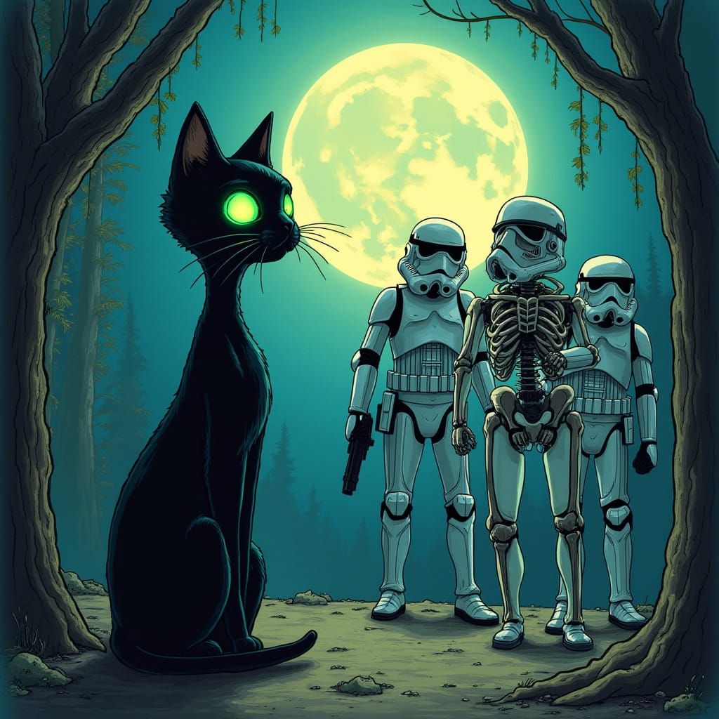 Ethereal Cat Watches Relaxed Stormtroopers in Surreal Art