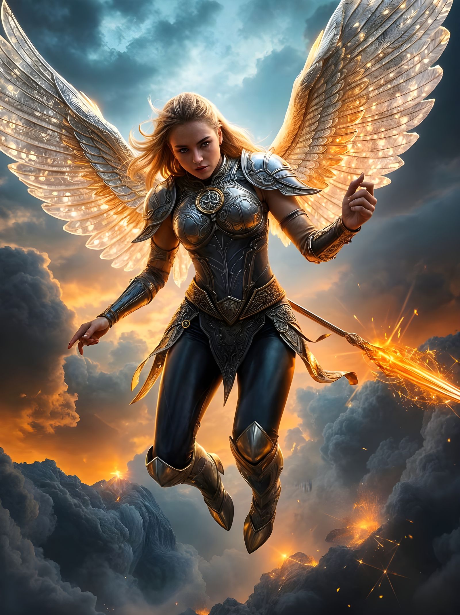 Ethereal Warrior Descends with Wings of Luminous Light