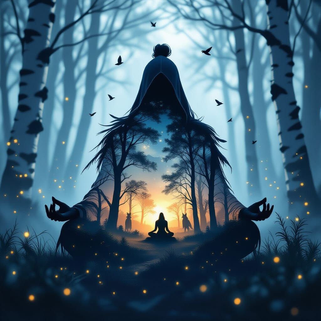 Mystical Forest Guardian in Meditation, Double Exposure Effe...