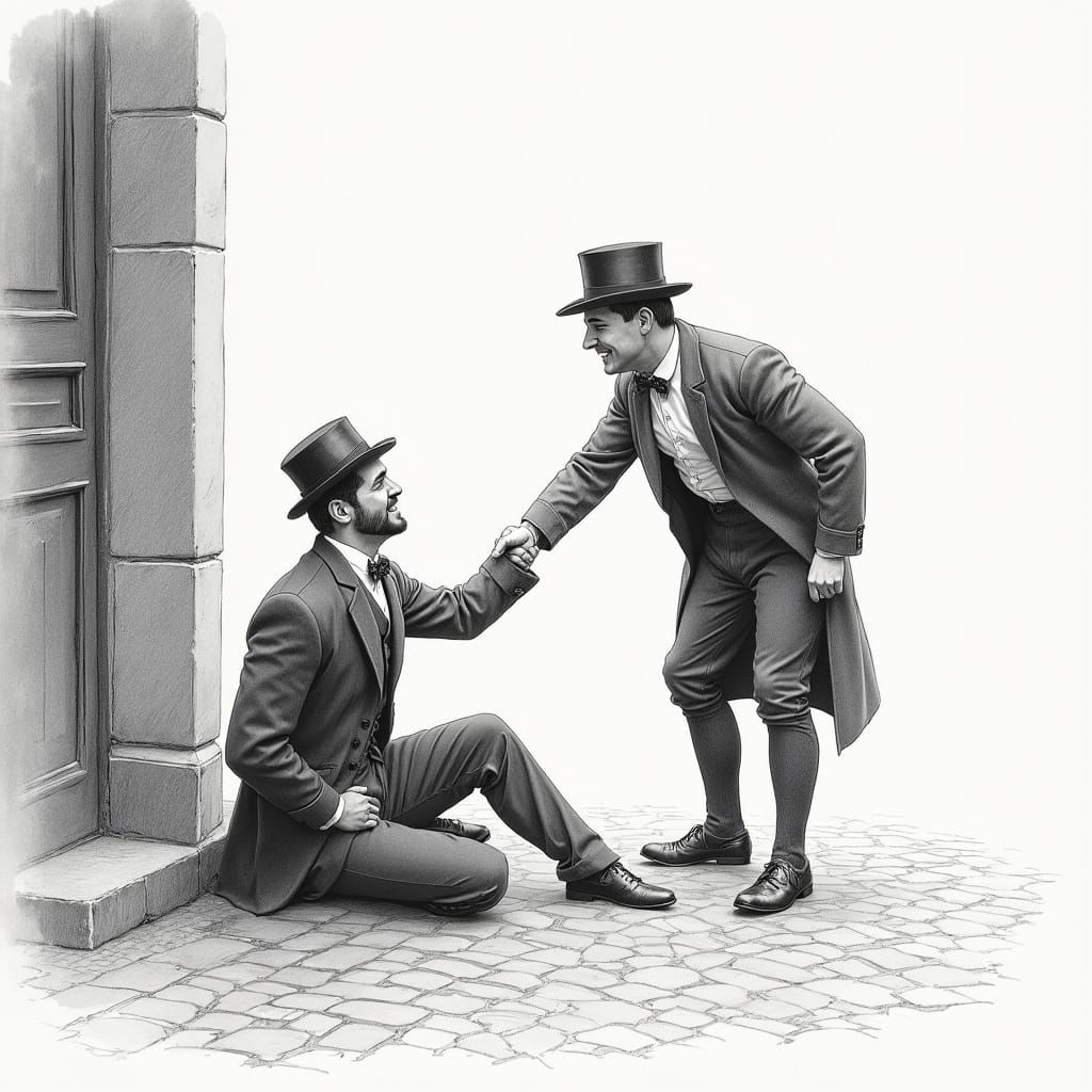 Victorian Friends Greet with Concern in Pencil Sketch