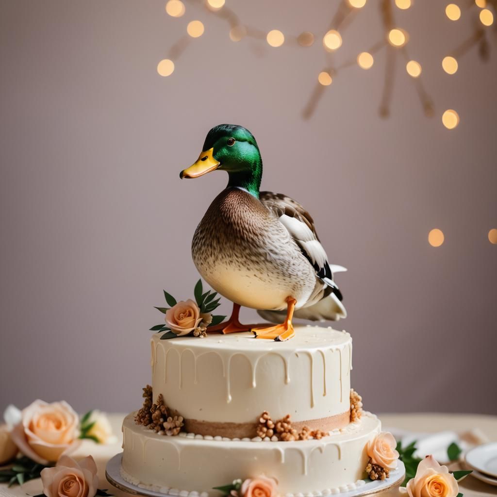 Duck on Wedding Cake: Photorealistic Close-Up