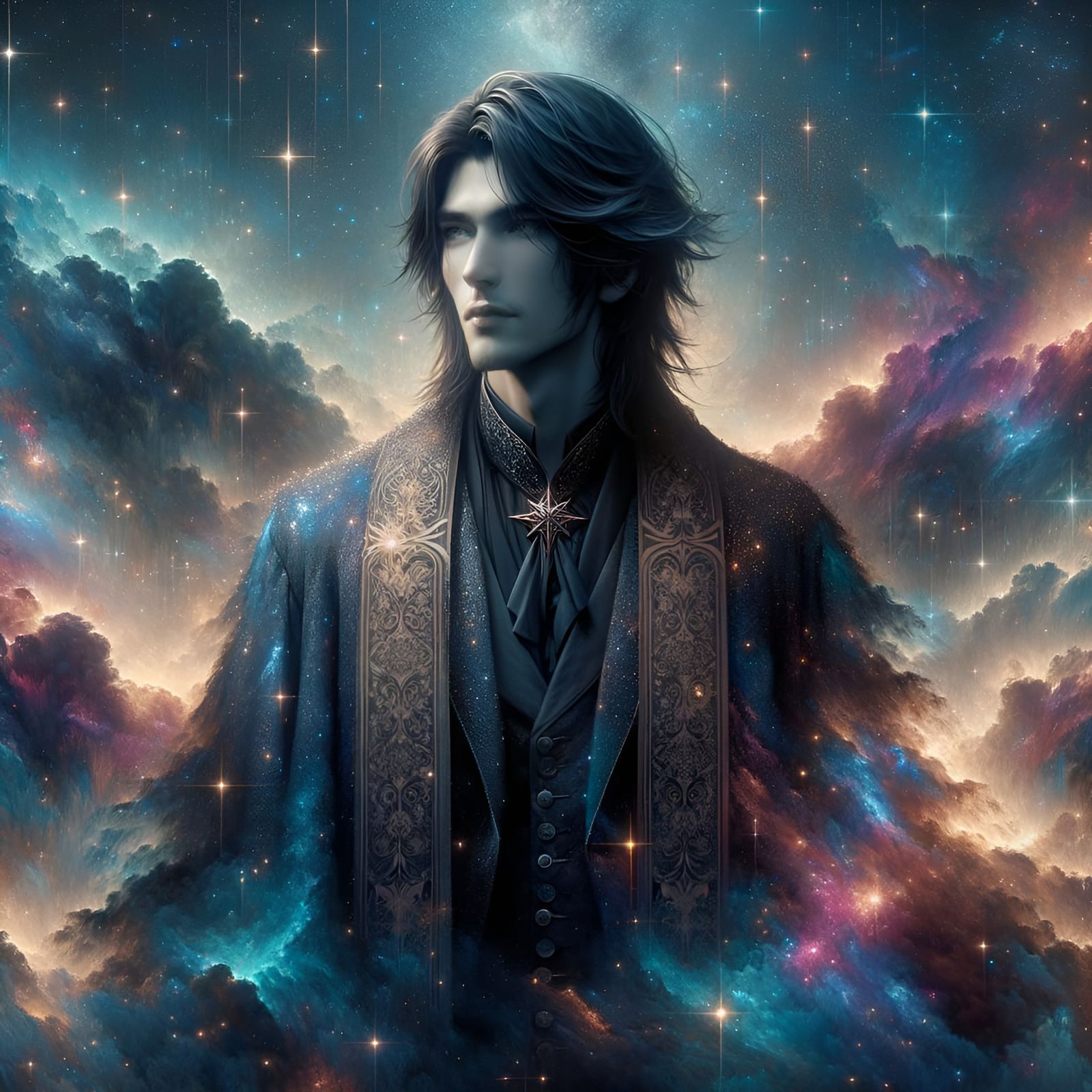 Handsome black haired male wizard,  stars in background, sta...