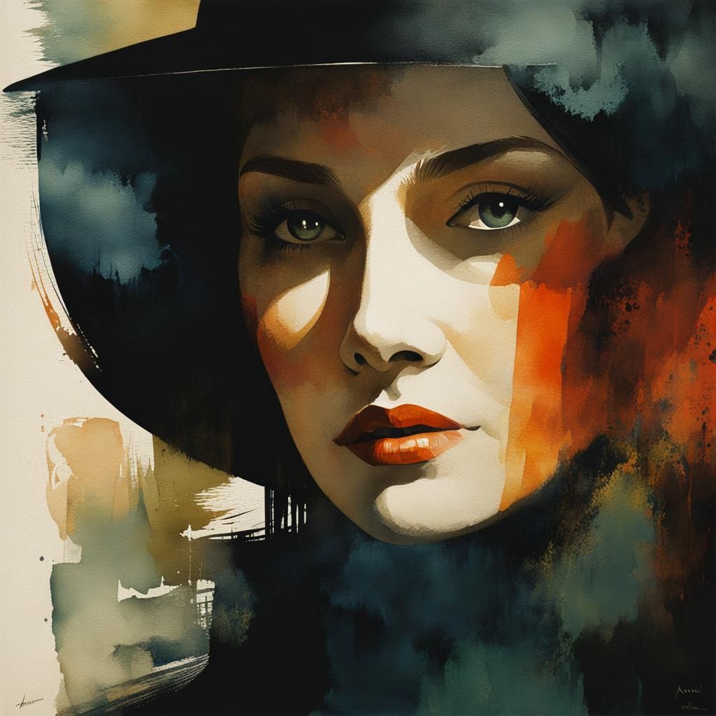 Abstract Watercolor Portrait of a Shadowy Witch